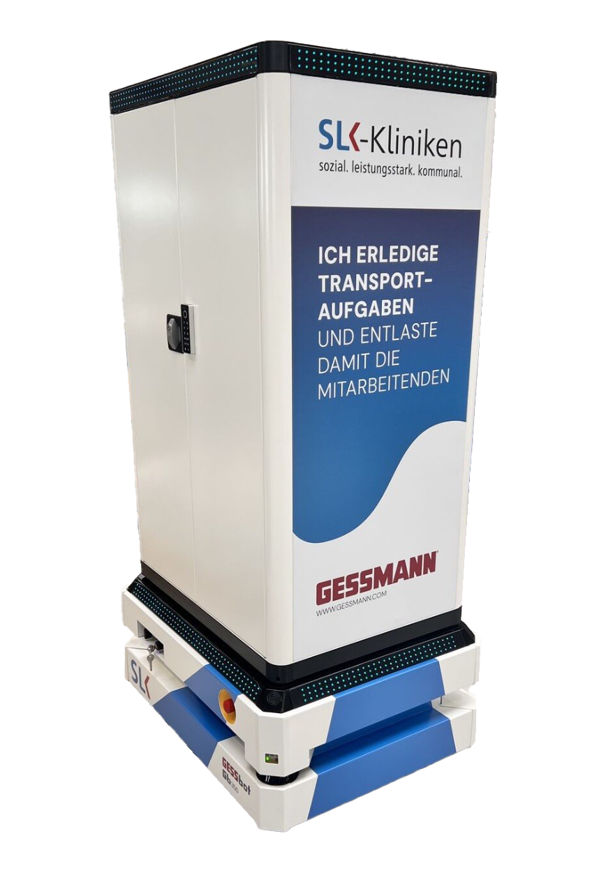 Der Autonome Mobile Roboter „GESSbot“ wurde für wiederkehrende Transportaufgaben entwickelt und entlastet Mitarbeitende bei logistischen Routinetätigkeiten. (Bildquelle: Heilbronner Stimme/KI-bearbeitet: W. Gessmann GmbH)