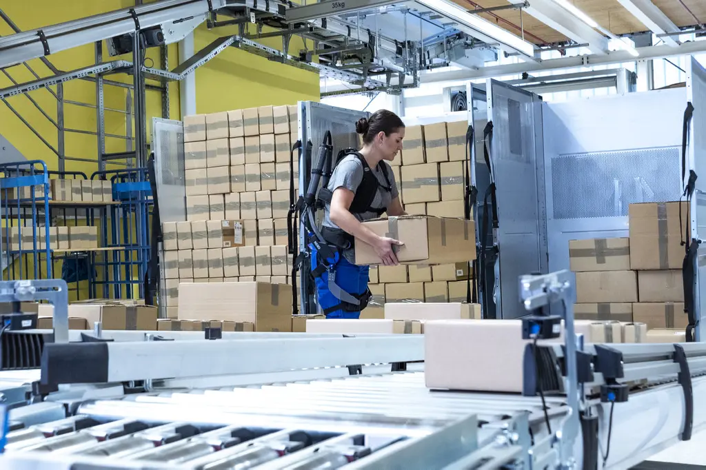 Das Exoskelett unterstützt den unteren Rücken in der Kommissionierung und Intralogistik beim wiederholten Heben aus verschiedenen Höhen. (Quelle: J. Schmalz GmbH)