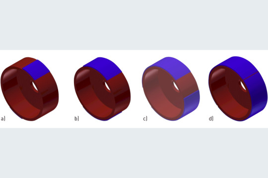 Geometrie der betrachteten Trommelbremsen für die FEM-Analysen: a) Umschlingungswinkel α = 35°, b) α = 70° (Normbremse), c) α = 140°, d) α = 178°. Bild: Autor