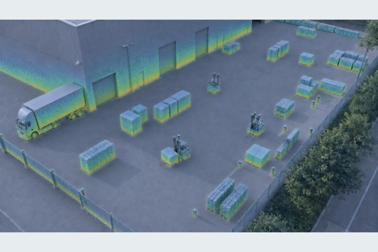 Modellbasierte Simulation einer Logistikumgebung: Bereits vor der Hardwareentwicklung lassen sich Sensorkonzepte, Antennenauslegung und die zu erwartende Radarperformance virtuell bewerten. (Quelle: Symeo GmbH)
