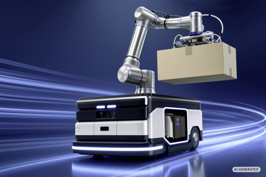 Robot-to-Goods-Prozesse ermöglichen eine autonome Kommissionierung, für die keine zentrale Druckluftanlage erforderlich ist. Die Vakuum-Pumpe GSP ist dabei besonders platzsparend, leicht und energieeffizient, wodurch sich die Batterielaufzeit erhöht. (Bildquelle: J. Schmalz GmbH)