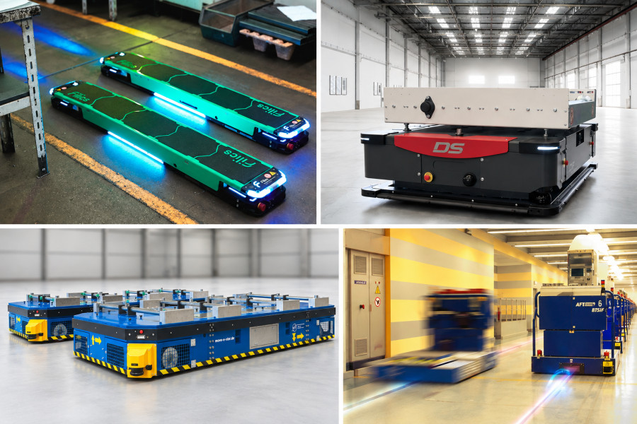 Collage/symbolic image: Mobile robots differ not only in their design but also in navigation, control, and the degree of autonomous decision-making. (Source Filics/top left, DS Automation/top right, HIT Hafen- und Industrietechnik/bottom left, Vahle/bottom right)