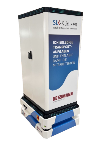 Der Autonome Mobile Roboter „GESSbot“ wurde für wiederkehrende Transportaufgaben entwickelt und entlastet Mitarbeitende bei logistischen Routinetätigkeiten. (Bildquelle: Heilbronner Stimme/KI-bearbeitet: W. Gessmann GmbH)