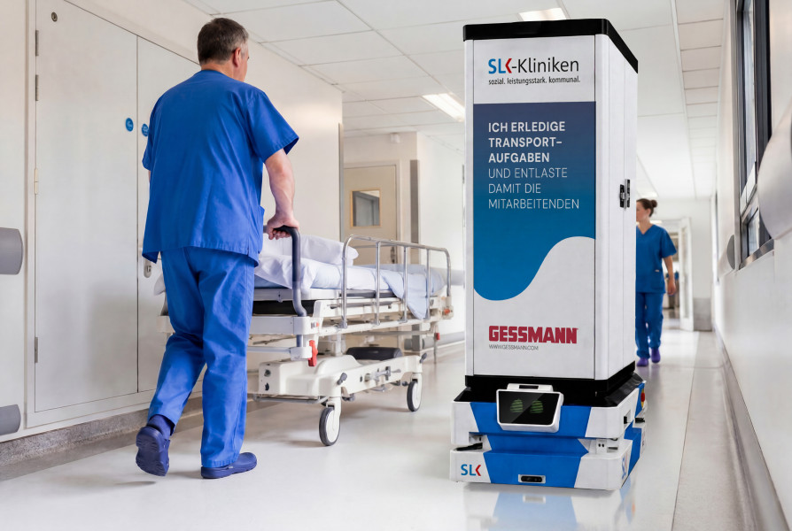 Im SLK-Klinikum Heilbronn unterstützt der „GESSbot“ Mitarbeitende, indem er wiederkehrende Transportaufgaben innerhalb der Klinik selbstständig übernimmt. (Bildquelle: Heilbronner Stimme/KI-bearbeitet: W. Gessmann GmbH)