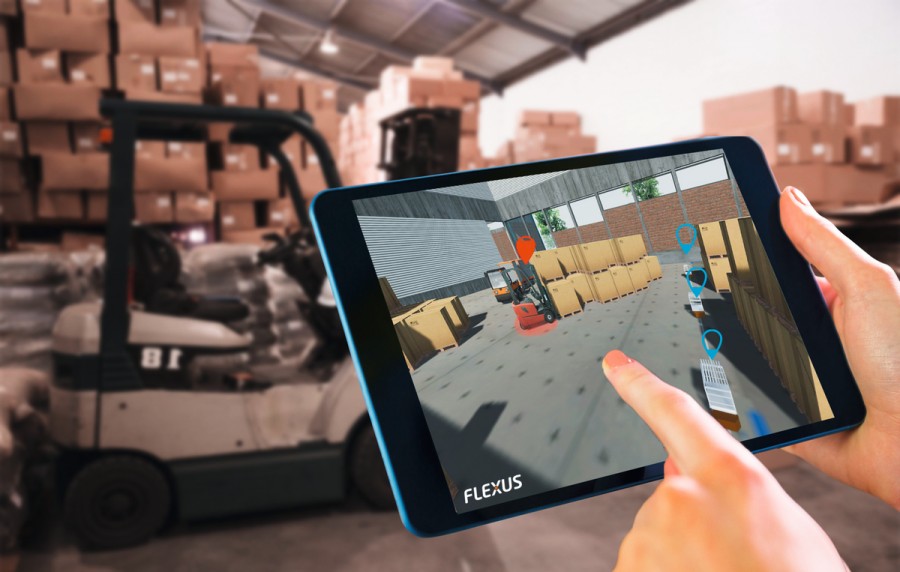 2. Im Livemodus ermöglicht die Visualisierung die Erschaffung eines digitalen Zwillings der Lagerprozesse inkl. Live-Positionen der Ressourcen in 3D. (Quelle: Flexus)