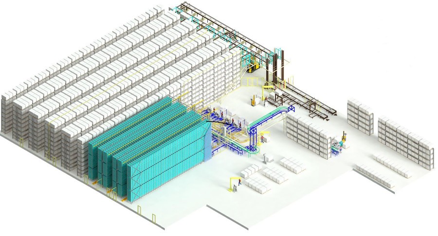 Vom Kleinteil bis zur Palette: Im neuen Distributionszentrum übernehmen Regalbediengeräte und automatisierte Schmalgangstapler zentrale Materialflussaufgaben. (Quelle: Visualisierung Eisenhart Laeppché / Jungheinrich AG)