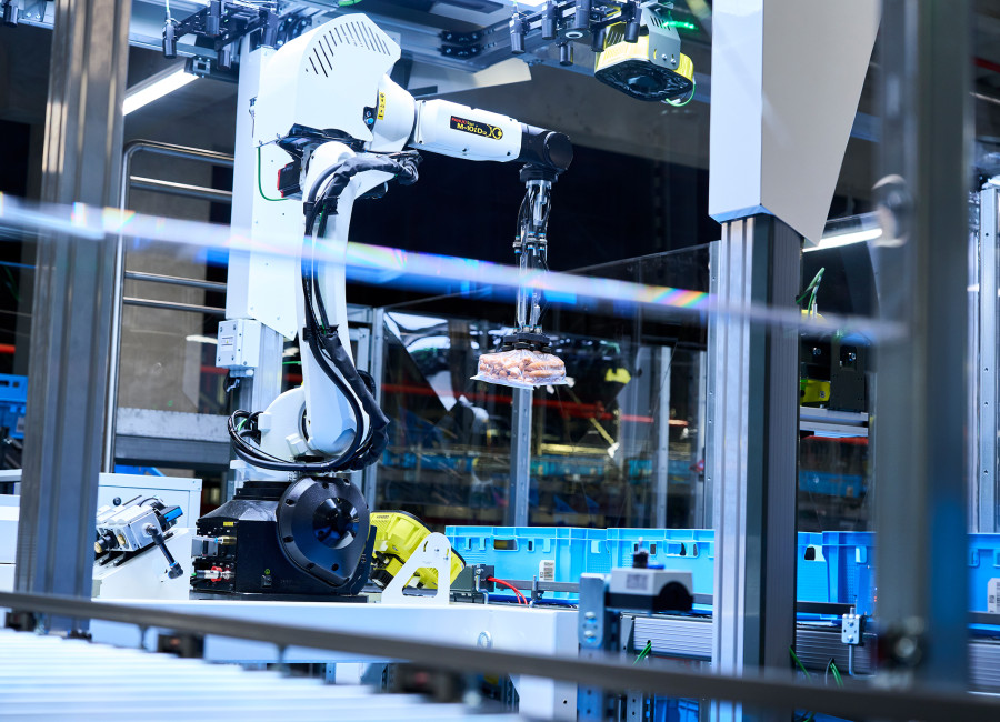 Die KI-gestützten Roboter übernehmen die vollautomatische Einzelstückkommissionierung von Fleisch- und Wurstprodukten. (Bildquelle: Knapp/Niederwieser)